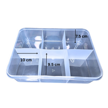 Load image into Gallery viewer, Multipurpose Plastic Storage Box Organizer Pack of 1 with Fix dividers 6 Grids Transparent For Multi use at home, office, shop etc Size 290 X 210 X 75 mm