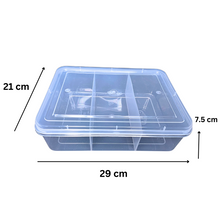 Load image into Gallery viewer, Multipurpose Plastic Storage Box Organizer Pack of 1 with Fix dividers 3 Grids Transparent For Multi use at home, office, shop etc Size 290 X 210 X 75 mm