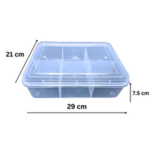 Load image into Gallery viewer, Multipurpose Plastic Storage Box Organizer Pack of 1 with Fix dividers 6 Grids Transparent For Multi use at home, office, shop etc Size 290 X 210 X 75 mm