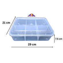 Load image into Gallery viewer, Multipurpose Plastic Storage Box Organizer Pack of 1 with Fix dividers 6 Grids Transparent For Multi use at home, office, shop etc Size 290 X 210 X 75 mm