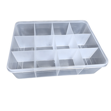 Load image into Gallery viewer, Multipurpose Plastic Storage Box Organizer Pack of 1 with Fix dividers 12 Grids Transparent For Multi use at home, office, shop etc Size 328 X 238 X 87 mm