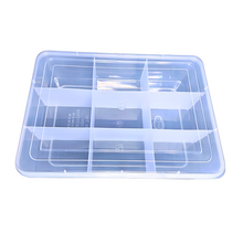 Load image into Gallery viewer, Multipurpose Plastic Storage Box Organizer Pack of 1 with Fix dividers 9 Grids Transparent For Multi use at home, office, shop etc Size 308 X 220 X 75 mm