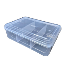 Load image into Gallery viewer, Multipurpose Plastic Storage Box Organizer Pack of 1 with Fix dividers 3 Grids Transparent For Multi use at home, office, shop etc Size 290 X 210 X 75 mm