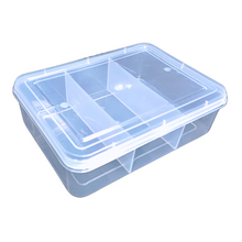 Load image into Gallery viewer, Multipurpose Plastic Storage Box Organizer Pack of 1 with Fix dividers 3 Grids Transparent For Multi use at home, office, shop etc Size 290 X 210 X 75 mm