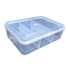 Load image into Gallery viewer, Multipurpose Plastic Storage Box Organizer Pack of 1 with Fix dividers 3 Grids Transparent For Multi use at home, office, shop etc Size 290 X 210 X 75 mm