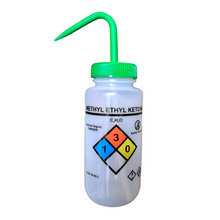 Load image into Gallery viewer, Safety Vented LABELLED METHYL ETHYL KETONE LDPE made Wide mouth wash bottle Printed-Four color 500ml (16oz) Green Polypropylene Cap (Pack of 1)