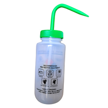 Load image into Gallery viewer, Safety Vented LABELLED METHYL ETHYL KETONE LDPE made Wide mouth wash bottle Printed-Four color 500ml (16oz) Green Polypropylene Cap (Pack of 1)