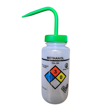 Load image into Gallery viewer, Safety Vented LABELLED METHANOL LDPE made Wide mouth wash bottle Printed-Four color 500ml (16oz) Green Polypropylene Cap (Pack of 1)