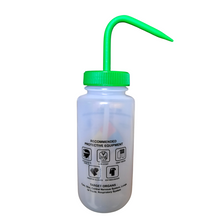 Load image into Gallery viewer, Safety Vented LABELLED METHANOL LDPE made Wide mouth wash bottle Printed-Four color 500ml (16oz) Green Polypropylene Cap (Pack of 1)