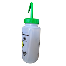 Load image into Gallery viewer, Safety Vented LABELLED METHANOL LDPE made Wide mouth wash bottle Printed-Four color 500ml (16oz) Green Polypropylene Cap (Pack of 1)