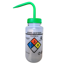 Load image into Gallery viewer, Safety Vented LABELLED ETHYL ACETATE LDPE made Wide mouth wash bottle Printed-Four color 500ml (16oz) Green Polypropylene Cap (Pack of 1)