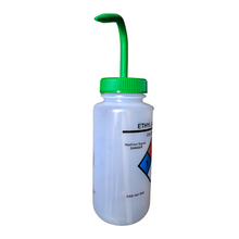 Load image into Gallery viewer, Safety Vented LABELLED ETHYL ACETATE LDPE made Wide mouth wash bottle Printed-Four color 500ml (16oz) Green Polypropylene Cap (Pack of 1)
