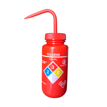 Load image into Gallery viewer, Safety Vented LABELLED TOLUENE LDPE made Wide mouth wash bottle Printed-Four color 500ml (16oz) Yellow Polypropylene Cap (Pack of 1)