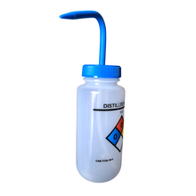 Load image into Gallery viewer, Safety Vented LABELLED Distilled Water LDPE made Wide mouth wash bottle Printed-Four color 500ml (16oz) Blue Polypropylene Cap (Pack of 1)