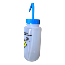 Load image into Gallery viewer, Safety Vented LABELLED Distilled Water LDPE made Wide mouth wash bottle Printed-Four color 500ml (16oz) Blue Polypropylene Cap (Pack of 1)