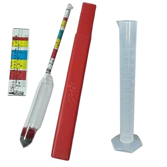 Triple Scale Alcohol Hydrometer with 250 ml Plastic Measuring Cylinder, Wine Making Test Density, Alcohol and Brix High Level Accurate Pack of 1