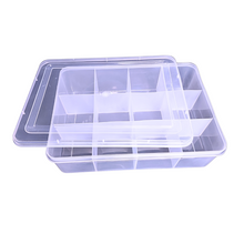 Load image into Gallery viewer, Multipurpose Plastic Storage Box Organizer Pack of 1 with Fix dividers 12 Grids Transparent For Multi use at home, office, shop etc Size 328 X 238 X 87 mm
