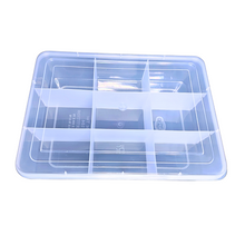 Load image into Gallery viewer, Multipurpose Plastic Storage Box Organizer Pack of 1 with Fix dividers 9 Grids Transparent For Multi use at home, office, shop etc Size 308 X 220 X 75 mm
