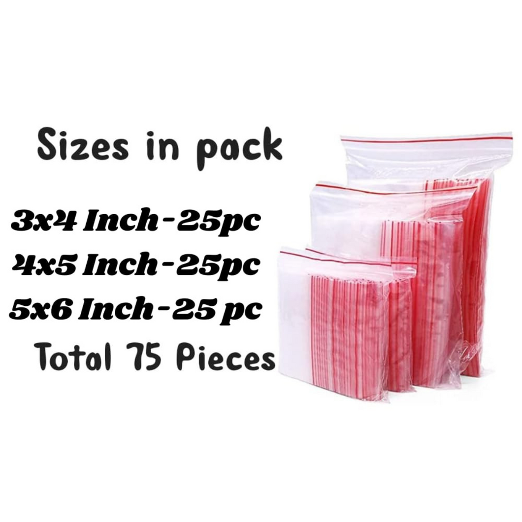 Ziplock Pouches/Zipper Bags/Airtight ziplock Bags Clear Multi Sizes Reusable/Resealable 3 x 4 inch, 4 x 5 inch, 5 x 6 inch More than 51 micron bags (Pack of 75, 25 pieces each size)