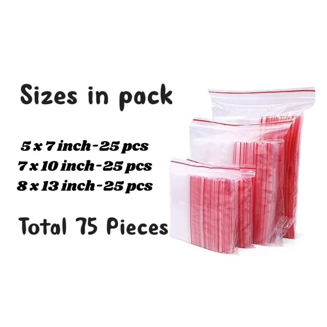 Ziplock Pouches/Zipper Bags/Airtight ziplock Bags Clear Multi Sizes Reusable/Resealable 5 x 7 inch, 7 x 10 inch, 8 x 13 inch More than 51 micron bags (Pack of 75, 25 pieces each size)