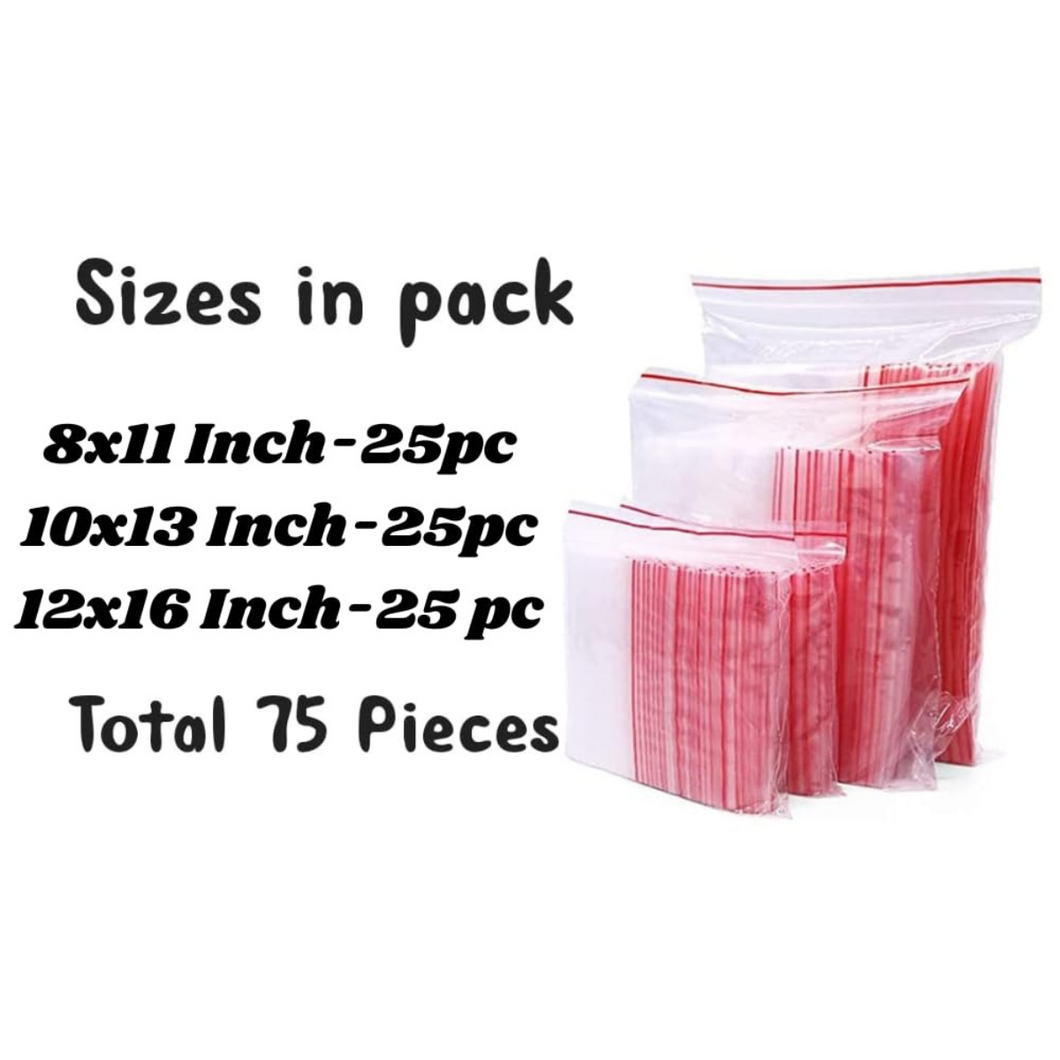 Ziplock Pouches/Zipper Bags/Airtight ziplock Bags Clear Multi Sizes Reusable/Resealable 8 x 11 inch, 10 x 13 inch, 12 x 16 inch More than 51 micron bags (Pack of 75, 25 pieces each size)
