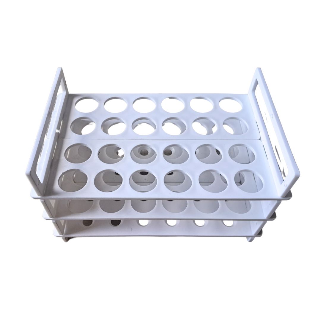 Test Tube Stand (3 Tier) Plastic - PP Size: 25 mm x 24 Tubes White and Blue color Pack of 1