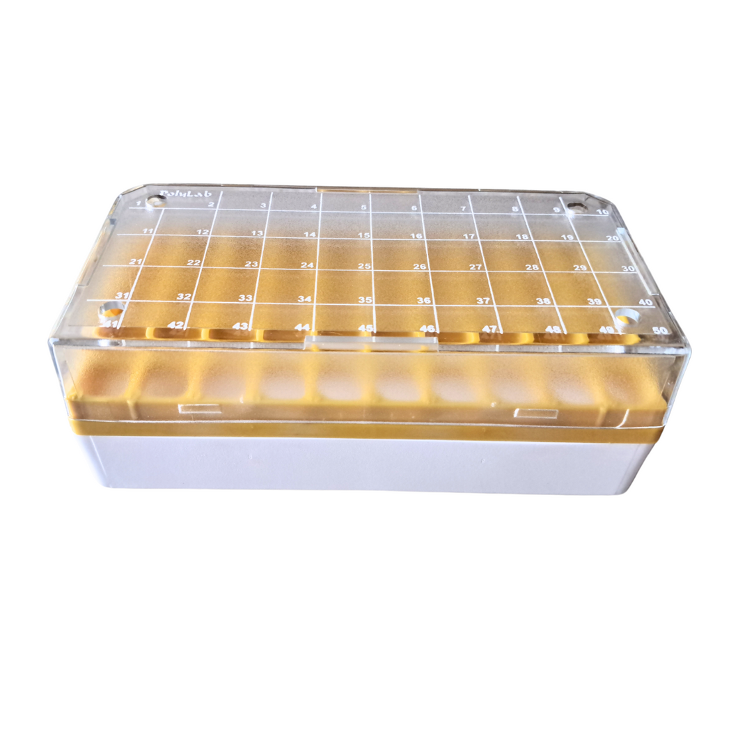 Cryo Box Polycarbonate Freezer Boxes, Vial Rack, Freezer Storage, 9 x 5 Array, 5 Place, 130 mm Length x 70 mm Width x 52 mm Height. Fit for 1 ml, 1.8 ml and 2 ml Cryo Vials (Pack of One)