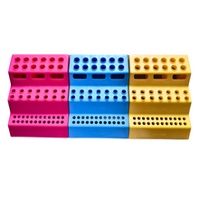 Load image into Gallery viewer, Micro Tube Rack Polypropylene mold 3 Step Interlocking for 0.2 ml, 0.5 ml, 1.5 ml and 2 ml MCTs (Pink, Blue, Yellow Pack of 3)

