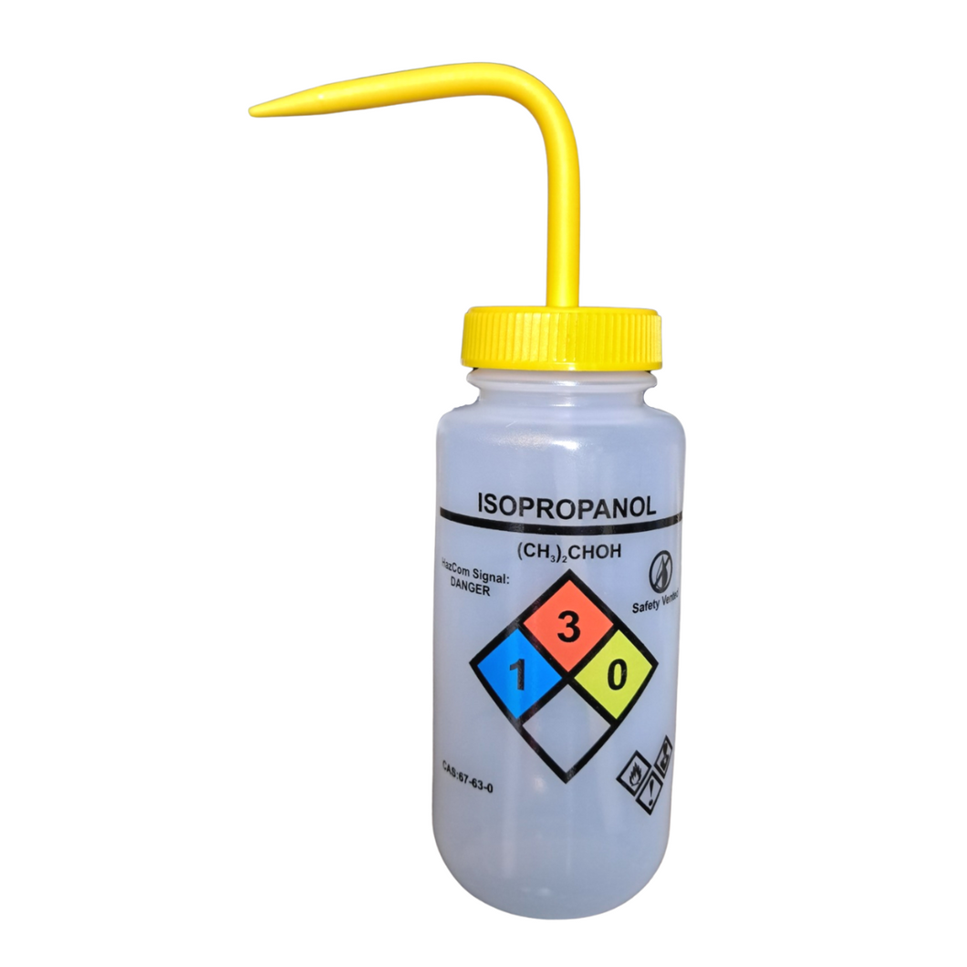 Safety Vented LABELLED ISOPROPANOL LDPE made Wide mouth wash bottle Printed-Four color 500ml (16oz) Yellow Polypropylene Cap (Pack of 1)
