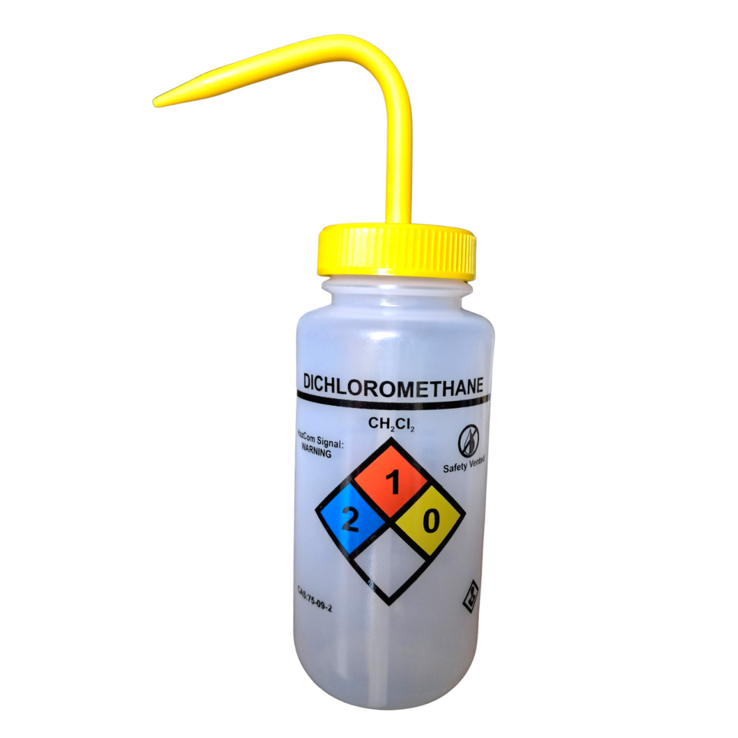 Safety Vented LABELLED DICHLOROMETHANE LDPE made Wide mouth wash bottle Printed-Four color 500ml (16oz) Yellow Polypropylene Cap (Pack of 1)
