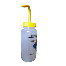Load image into Gallery viewer, Safety Vented LABELLED DICHLOROMETHANE LDPE made Wide mouth wash bottle Printed-Four color 500ml (16oz) Yellow Polypropylene Cap (Pack of 1)
