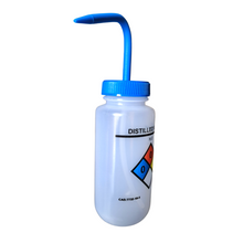 Load image into Gallery viewer, Safety Vented LABELLED Distilled Water LDPE made Wide mouth wash bottle Printed-Four color 500ml (16oz) Blue Polypropylene Cap (Pack of 1)
